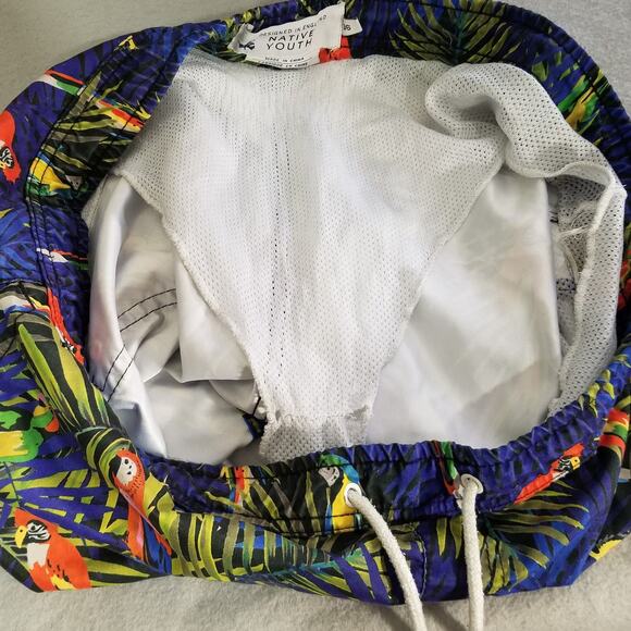 Native Youth Swim Shorts Mens 36 Blue Tropical Parrot Print Drawstring Trunks - Picture 14 of 15